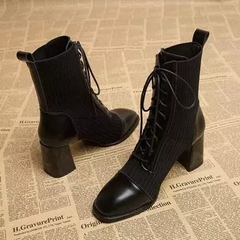 Модные и трендовые женские сапоги на осень и зиму, новые носки на каблуке средней толщины, высокие каблуки, модные женские сапоги 35
