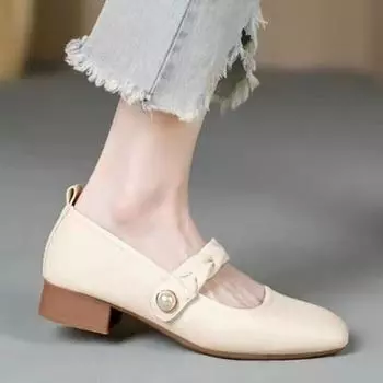 Модные и удобные элегантные туфли Мэри Джейн с бантом и жемчугом, однотонные женские весенние туфли на низком каблуке, нежные одинарные туфли 35 бежевый
