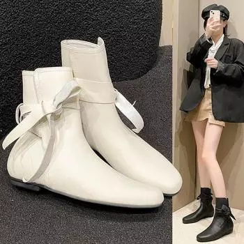 Модные и удобные белые ботинки челси женские осенние короткие ботинки с бантом и квадратным носком винтажные узкие ботинки 35 белый