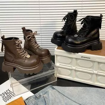 Модные и удобные ботинки на толстой подошве, женские осенние короткие байкерские ботинки, рабочие ботинки в стиле ретро с металлическими пластинами 35 чёрный