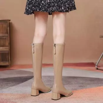 Модные и удобные квадратные сапоги с мягкой поверхностью, женские тонкие универсальные черные рыцарские сапоги с застежкой-молнией сзади 35 коричневый