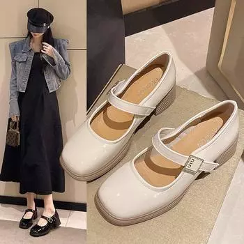 Модные и удобные туфли Мэри Джейн, темпераментные однотонные туфли на среднем каблуке, женские летние туфли в английском стиле 35 бежевый