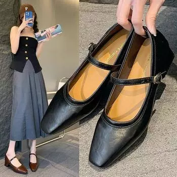 Модные и удобные весенне-летние туфли Мэри Джейн с одним ремешком и сотней парных туфель красного цвета на толстом каблуке. Женские туфли на высоком каблуке. 35 чёрный