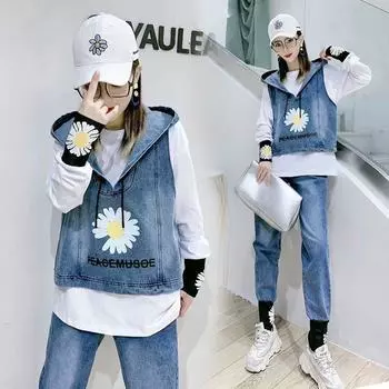 Модные и удобные женские джинсовые комплекты из трех предметов с принтом «ромашки» M