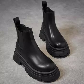 Модные и универсальные ботинки «Челси» из натуральной кожи для женщин, на толстой подошве и каблуке, идеально подойдут для сезона весна-осень 2024 года. velvet lining; 40 чёрный