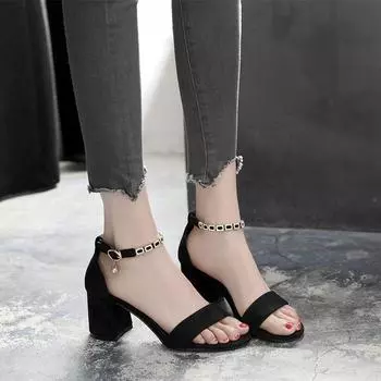 Модные и универсальные туфли на высоком каблуке, толстые каблуки, босоножки с открытым носком, легкая рабочая обувь для женщин 34 чёрный