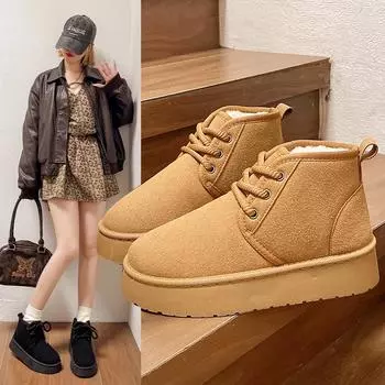 Модные и универсальные зимние ботинки с флисом, противоскользящие и теплые короткие ботинки с толстой подошвой и увеличивающие рост хлопковые ботинки 35 чёрный