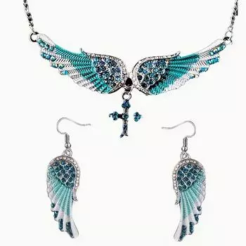 Модные идеальные украшения для женщин на Марди Гра, всесезонное ожерелье и серьги, комплект из 3 предметов, для случаев, в стиле бохо, повседневная вечеринка, сплав, крыло синий