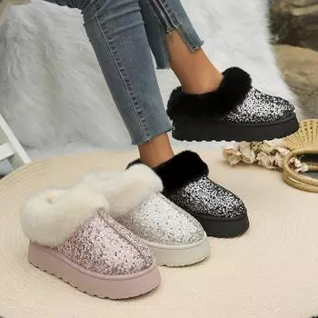 Модные импортные товары, большие размеры, новые женские толстые подошвы и толстые плюшевые ботинки, женские ботильоны в европейском и американском стиле с пайетками сверху 36 серебряный