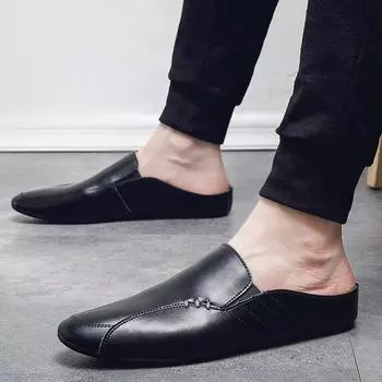 Модные итальянские люксовые брендовые мужские тапочки из натуральной кожи, мужские мокасины, повседневные нескользящие мужские туфли, летняя мода, получешки для мужчин 37 чёрный