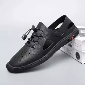 Модные итальянские мужские дизайнерские сандалии с открытыми носками, повседневная кожаная пляжная обувь на плоской подошве, обувь для отдыха и вечеринок, мужские удобные летние сандалии для отдыха на открытом воздухе 38 чёрный
