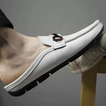 Модные итальянские мужские тапочки, удобные кожаные мокасины, повседневные нескользящие полутапочки для мужчин, универсальные модные удобные туфли Muller 38 чёрный