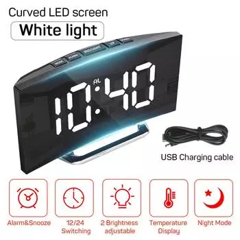 Модные изогнутые экранные цифровые светодиодные часы-будильник с температурным дисплеем, большие зеркальные часы с функцией повтора сигнала, прикроватные часы, декор комнаты
