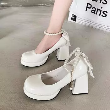 Модные Элегантные Французские Туфли Мэри Джейн Женские Новые Бант Жемчужная Пряжка Толстый Каблук Свадебные Туфли Женские Модные Квадратный каблук высокие каблуки 4.5
