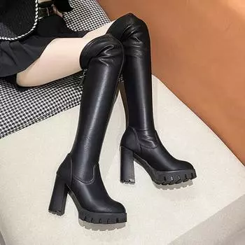 Модные каблуки 10 см осень-зима женские кожаные выше колена длинные высокие каблуки платформы зимние сапоги женские женские туфли Botas De Mujer 35 чёрный