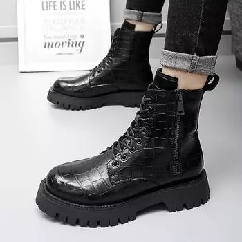 Модные классические черные мужские кожаные удобные высокие ботинки с боковой молнией, модные мужские высокие ботинки на толстой подошве с нескользящей подошвой 38 чёрный