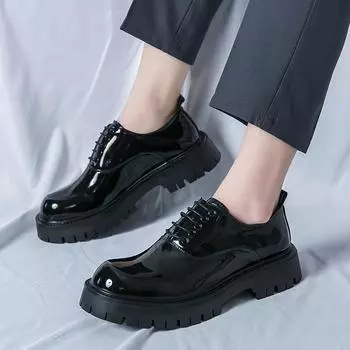 Модные классические черные мужские модные глянцевые туфли из лакированной кожи на шнуровке, весенние мужские удобные туфли с толстой подошвой и противоскользящим покрытием из бисквитного торта 38