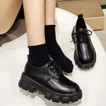 Модные классические черные туфли-оксфорды на платформе, женские лоферы, летние и осенние, повседневные туфли на шнуровке, женские туфли в стиле панк-готика из кожи, массивные туфли 35
