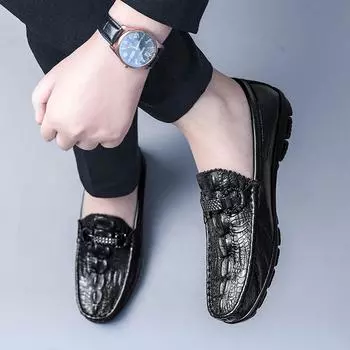 Модные классические черные высококачественные новые верхние слои из воловьей кожи мужские туфли-бобы модные манжеты с круглым носком удобные низкие мужские туфли 37 чёрный