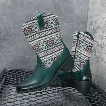 Модные классические джинсовые ботинки в стиле вестерн, мужские туфли челси, остроносые зимние мужские туфли с высоким верхом, модные зеленые туфли на высоком каблуке 38