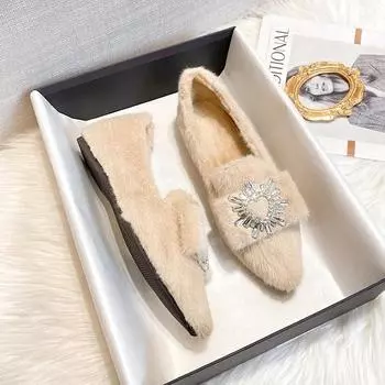 Модные классические повседневные плюшевые туфли на плоской подошве для верхней женской одежды, плюшевые зимние туфли на плоской подошве со стразами и острым носком 34 чёрный