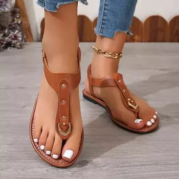 модные классические резинки однотонные женские плоские сандалии металлические украшения нескользящие сандалии летние мягкие удобные женские сандалии 36 бежевый
