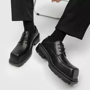 Модные классические туфли на платформе с толстой подошвой из кожи для мужчин, рабочие туфли с квадратным носком, туфли дерби, повседневные мужские деловые туфли для торжественных случаев 38 чёрный