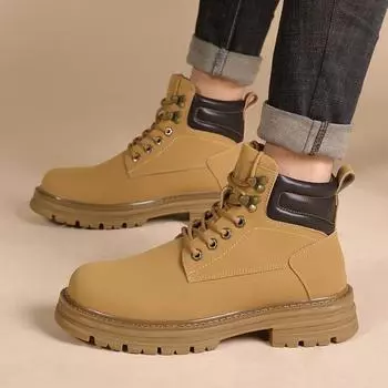 Модные классические высокие ботинки мужские кожаные ботинки модные мотоциклетные ботинки для мужчин зимние ботинки мужская обувь ботинки на шнуровке на толстой подошве 38 жёлтый