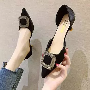 Модные классические женские туфли на плоской подошве с квадратной пряжкой, удобные модные универсальные туфли с острым носком и высоким каблуком для всех сезонов 34 чёрный