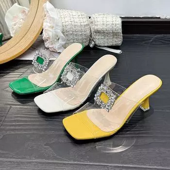 Модные классные тапочки женские 2024 года на тонком каблуке со стразами и квадратной пряжкой, односложные, с открытым носком, прозрачные тапочки, повседневные босоножки на высоком каблуке 34