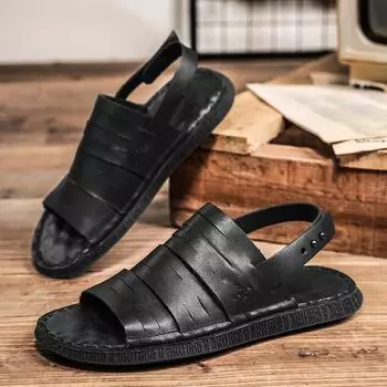 Модные классные туфли из натуральной кожи на плоской подошве, новое поступление, сандалии, дышащая летняя обувь, мужские нескользящие тапочки, пляжная обувь класса люкс Sandaly 38 чёрный