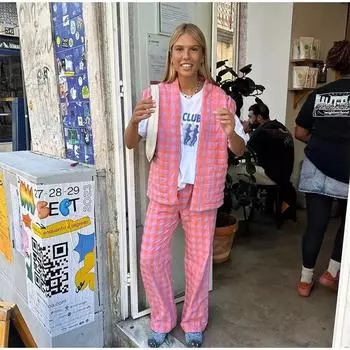 Модные клетчатые брюки комплекты женские свободные V-образный вырез карман кардиган жилет брюки с высокой талией весенние женские комплекты из 2 предметов XS