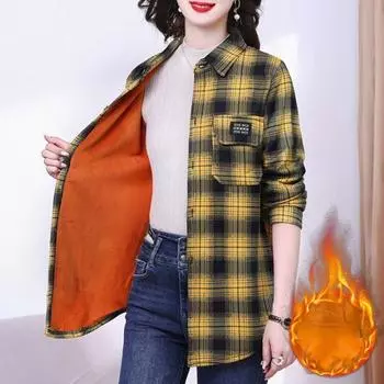 Модные клетчатые женские плюшевые рубашки, модные топы Harajuku, повседневные шикарные женские рубашки с длинным рукавом XL оранжевый