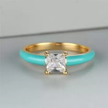 Модные кольца с белым камнем и когтями квадратной огранки, кольца золотого цвета, кольца с голубой эмалью, кольца принцессы, свадебные украшения 6 цвет морской волны