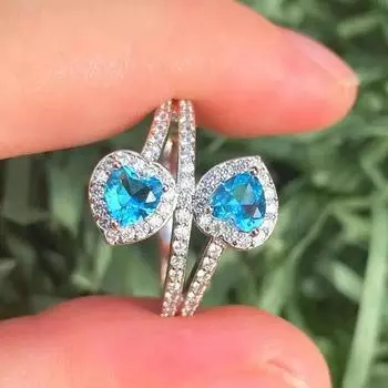 Модные кольца с двойным сердечком цвета морской волны, синие циркониевые кольца для женщин, обручальные ювелирные кольца для подруги, подарок на годовщину 6 аква голубой