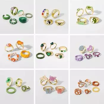Модные кольца золотого цвета с геометрическим сердечком, набор для женщин, красочные фиолетовые, зеленые кольца из смолы, ювелирные изделия Style 1