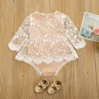 Модные комбинезоны с длинными рукавами для маленьких девочек, свежая однотонная кружевная юбка с треугольной строчкой, треугольный комбинезон 12-18 Months хаки