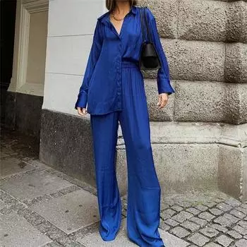 Модные комплекты из двух предметов с брюками 2022, весенние женские длинные рубашки с лацканами и широкие брюки, костюмы, повседневные свободные однотонные одинаковые комплекты S синий