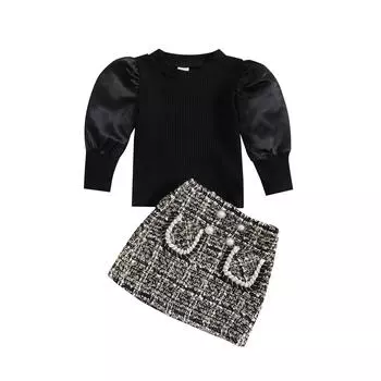 Модные комплекты одежды для маленьких девочек, трикотажные топы в рубчик с длинными рукавами и пышными рукавами, юбки принцессы, детская одежда из 2 предметов 12-18 Months чёрный
