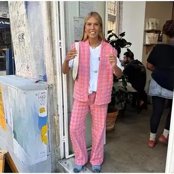 Модные комплекты с брюками в клетку, женские свободные комплекты с v-образным вырезом и рукавами-крылышками, карманный кардиган, жилет с брюками с высокой талией, весенние женские комплекты из 2 предметов XS розовый