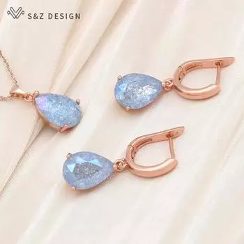 Модные комплекты украшений с каплями воды и кристаллами, розовое золото, висячие серьги для женщин, модное ожерелье с подвеской, подарок