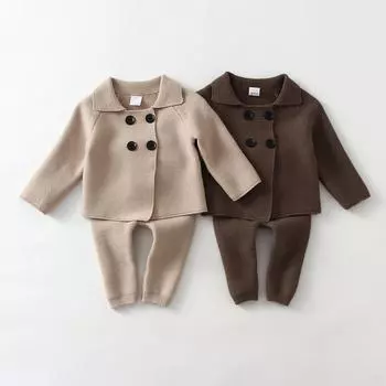Модные комплекты вязаной одежды для маленьких мальчиков, кардиган с длинными рукавами + брюки, весенне-осенние комплекты из 2 предметов для мальчиков 66