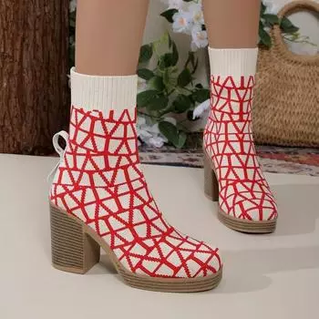 Модные контрастные цвета, новые женские туфли, вязаные дышащие женские носки, удобные и универсальные, современные ботинки на толстом каблуке 36 чёрный