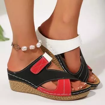 Модные контрастные цветные босоножки на танкетке, женские повседневные тапочки с перекрестными ремешками на платформе и высоком каблуке, женские удобные летние пляжные шлепанцы 36 чёрный