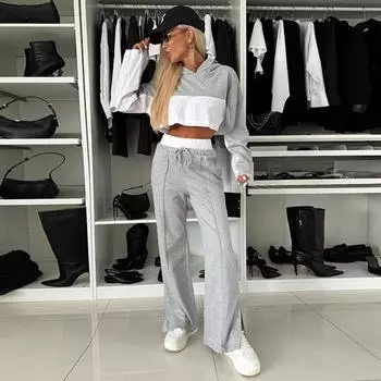 Модные контрастные цветные лоскутные комплекты с капюшоном для женщин, осенняя повседневная толстовка с длинным рукавом, длинные прямые брюки, наряд S чёрный