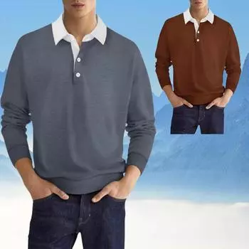 Модные контрастные цветные рубашки поло с лацканами для мужчин, повседневные свитера с длинным рукавом и пуговицами, мужские весенне-осенние модные рубашки поло в стиле пэчворк S серый