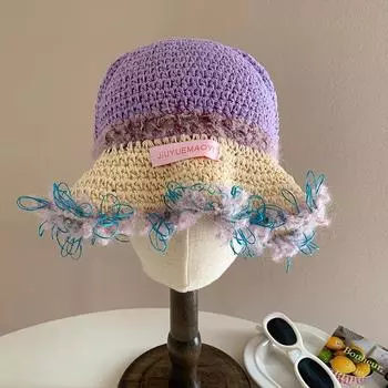 Модные контрастные полосы, плетеные вручную, панамы, женские, осенние, праздничные, повседневные, универсальные, полые, дышащие, нишевые, кепки 56-58cm розовый