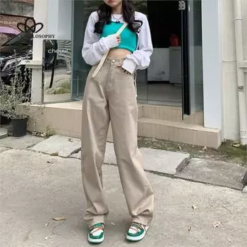 Модные корейские базовые весенне-осенние мытые цвета хаки с высокой талией, свободные и тонкие повседневные прямые джинсовые широкие брюки для женщин S хаки
