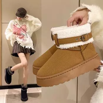 Модные короткие сапоги для женщин, зимние теплые и удобные, утолщенные, нескользящие, меховые сапоги 2024 года, персонализированные модные зимние сапоги 35 чёрный