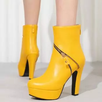 Модные короткие сапоги на молнии, женские ботильоны на платформе, черные, красные, желтые, белые, на каблуке, туфли для вечеринки, женские, большой размер 50 34 чёрный